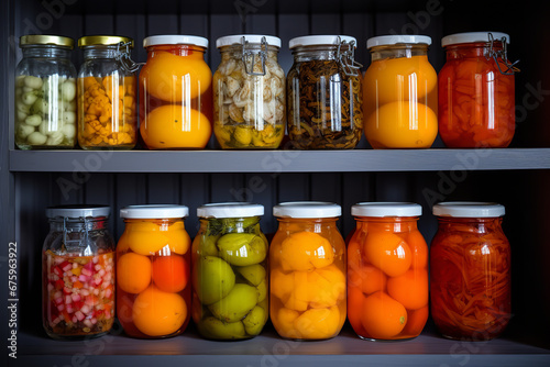 Jars of homemade canned fruits like peaches and berries are displayed on a kitchen shelf. photo