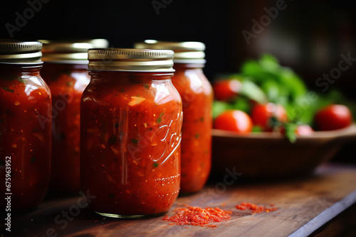 Mason jars filled with homemade canned tomato salsa are sealed and placed on a wooden table. photo