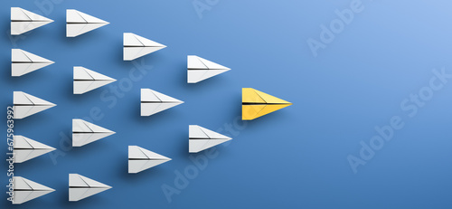 Leadership concept, yellow leader plane leading white planes, on blue background with empty copy space on right side. 3D Rendering