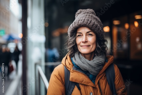 Portrait of smiling middle-aged woman in winter hat and scarf in the city © Nerea
