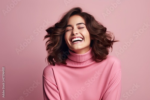 Close-Up of Smiling Woman in Pink Clothes Joyful Portrait on Pink Background.
