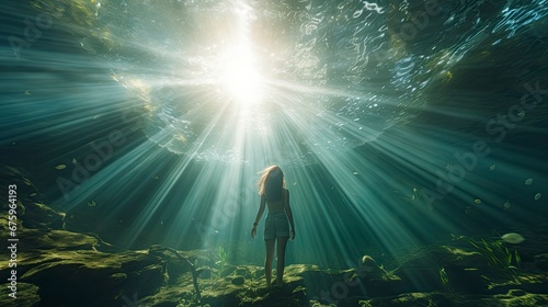 Girl Standing Underwater on the Ocean Floor.