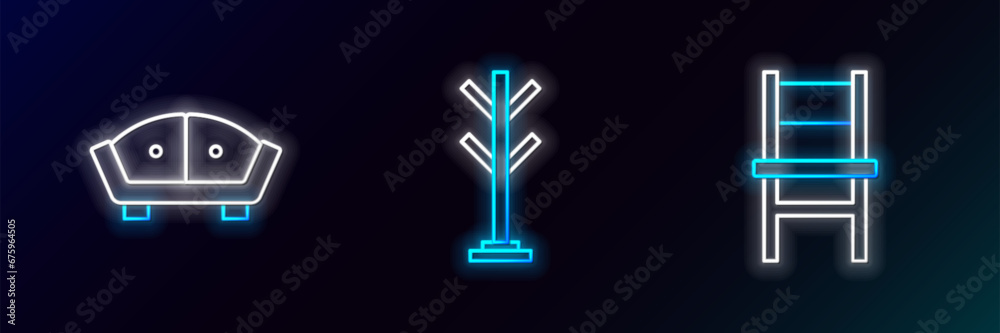 Set line Chair, Sofa and Coat stand icon. Glowing neon. Vector