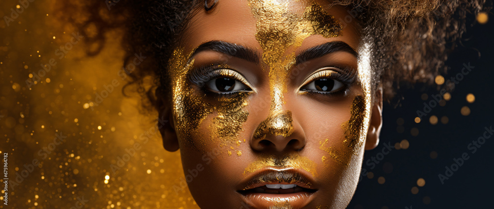 portrait of a beautiful woman with gold paint on her face, luxury, beauty - obrazy, fototapety, plakaty 