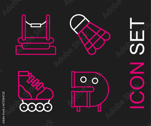 Set line Kid playground slide pipe, Roller skate, Badminton shuttlecock and Bungee icon. Vector