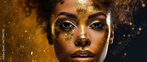 portrait of a beautiful woman with gold paint on her face, luxury, beauty photo