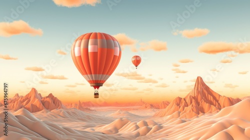 Hot air balloon flying over scenic mountain landscape with clouds photo