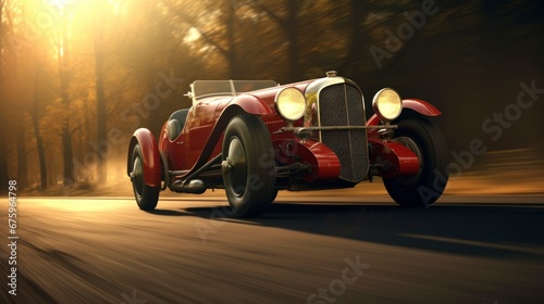 Vintage sports car racing on a road with elegance and speed
