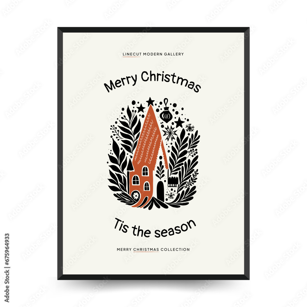Obraz premium Merry Christmas and Happy New Year vertical flyer or poster template. Modern trendy Matisse minimal style. Hand drawn design for wallpaper, wall decor, print, postcard, cover, template, banner.