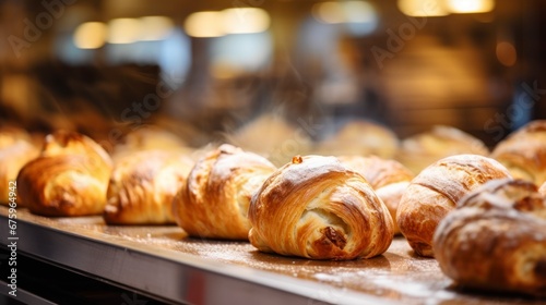 Fresh pastry in bakery blurry background photo