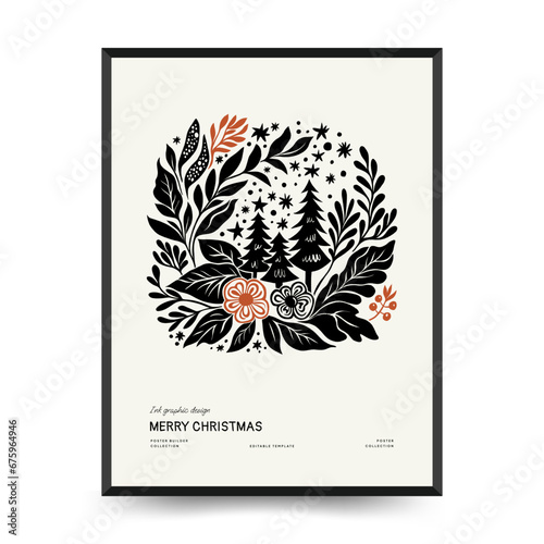 Merry Christmas and Happy New Year vertical flyer or poster template. Modern trendy Matisse minimal style. Hand drawn design for wallpaper  wall decor  print  postcard  cover  template  banner.