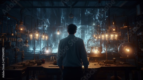 Inventor in a laboratory with electrical discharges rear view