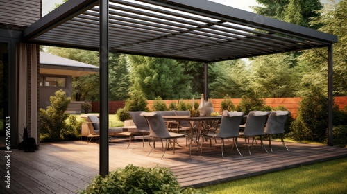  Trendy outdoor patio with pergola awning lounge grill and landscaping
