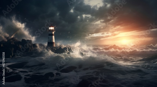 Lighthouse on a rocky coast with a stormy sea and a dramatic sky