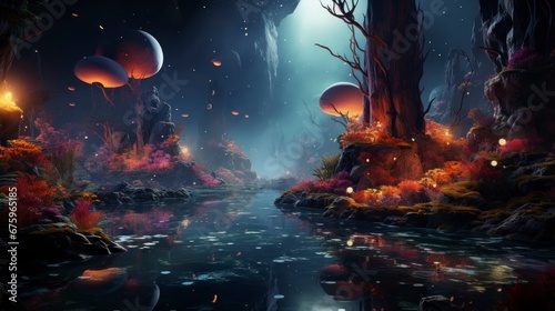 Fantastic forest with river and luminous plants