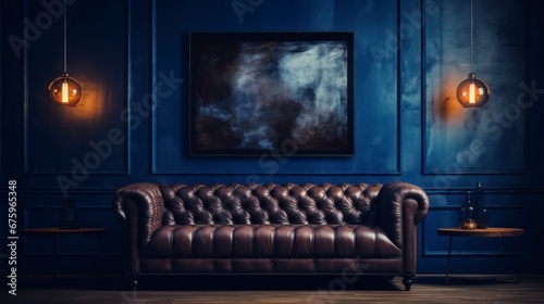 Living room with sofa on dark blue wall interior design © Iarte