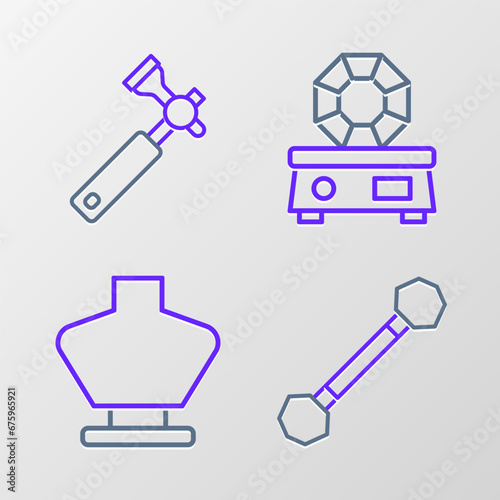 Set line Piercing, Necklace on mannequin, Gem stone and Jewelers lupe icon. Vector