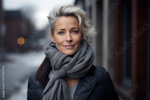 Portrait of a beautiful middle-aged woman in a winter coat and scarf.
