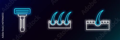 Set line Human hair follicle, Shaving razor and icon. Glowing neon. Vector