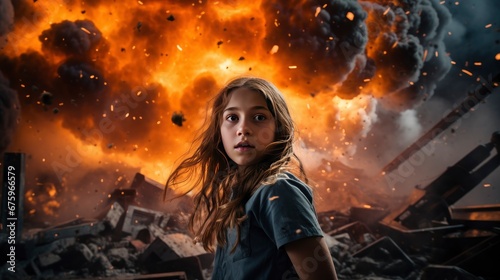 A young girl in the center of the explosions.