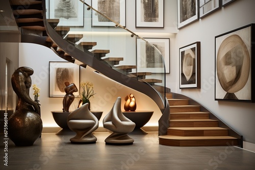 design a room with stair case adorned with artwork