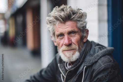 Portrait of an elderly man with grey hair and beard in the city © Nerea
