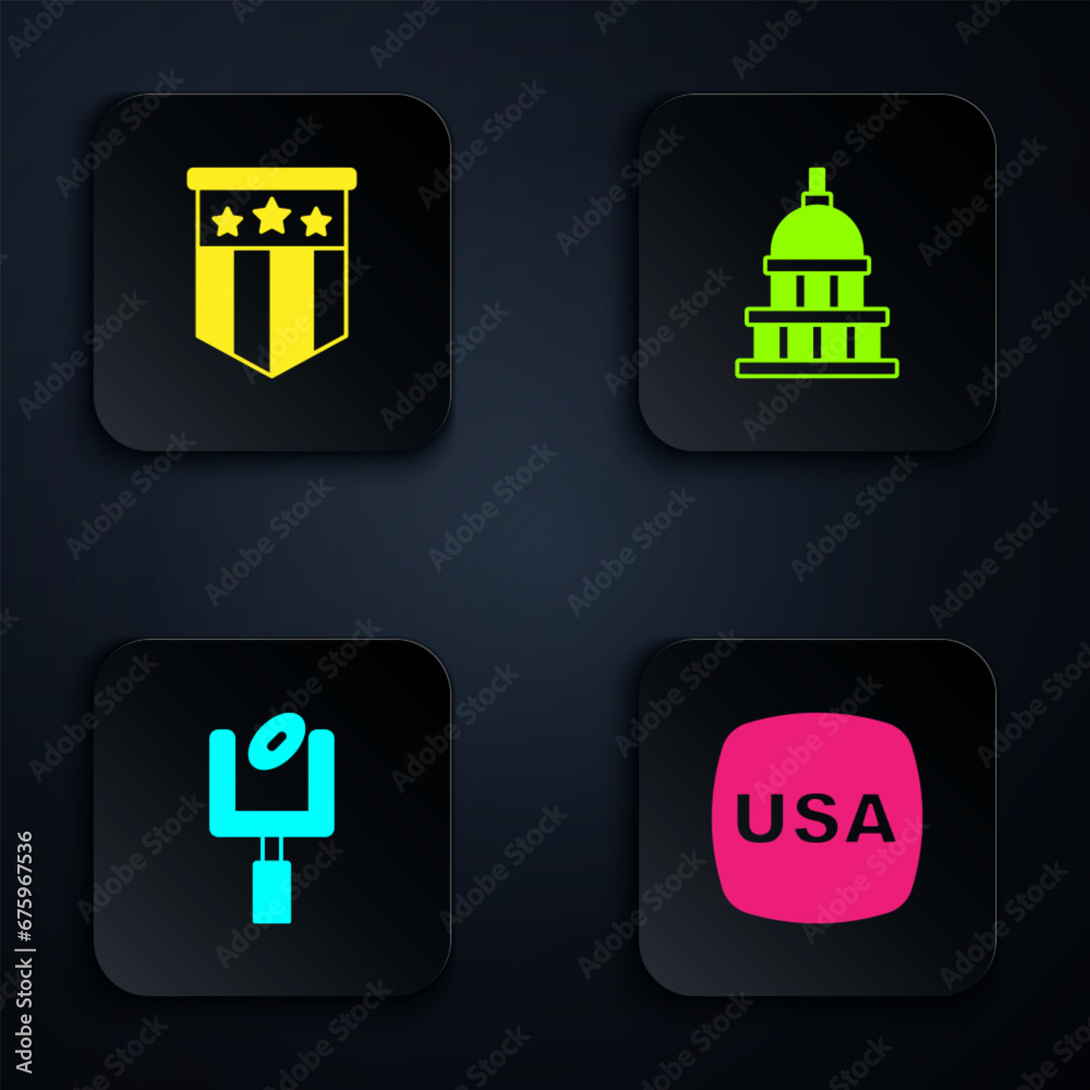 Set USA Independence day, American flag, football goal post and White House. Black square button. Vector Set USA Independence day, American flag, football goal post and White House. Black square button. Vector