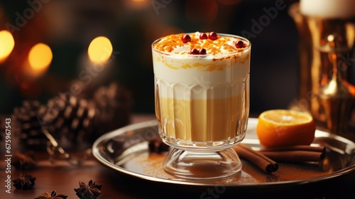 A glass of eggnog throughout the fall and winter season, a holiday beverage. Generative Ai.