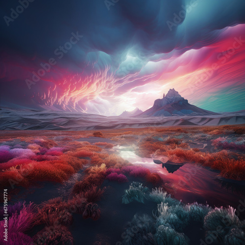 Mystical Modernity: A Vibrant and Enigmatic Fusion of Modern World and Alien Landscape, Perfect for Screensavers and Desktop Backgrounds