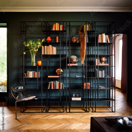  A sleek wrought iron bookcase confronts a wall 