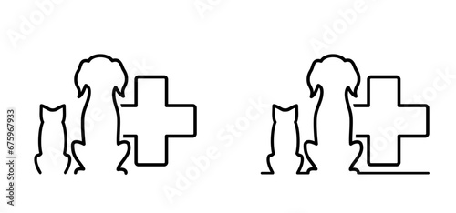 Animals footprint. Veterinary dog, hound, cat silhouette. Canine sign. Vector line pattern. Puppy or pet concept. Veterinarian, cat and dog with medical cross. photo