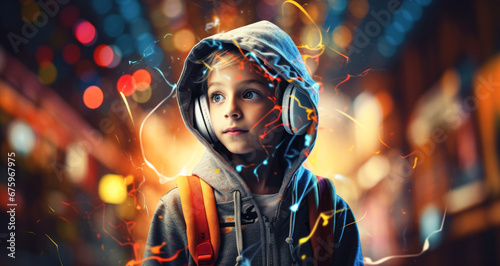 Little boy with headphones on background with neon lights.