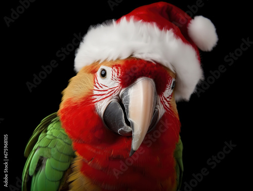 Cute Pet Parrot In Santa Claus'S Christmas Hat Sits On Dark At Home, generative ai photo