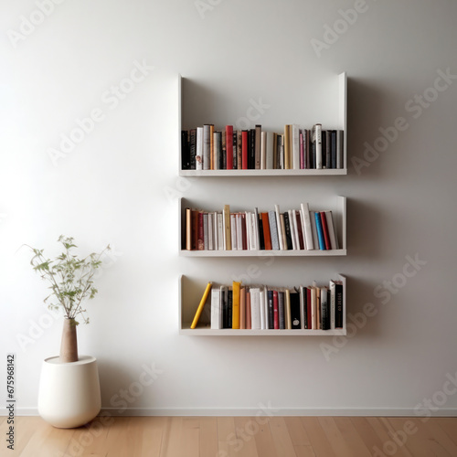 A minimalist fiberboard bookshelf faces a wall 