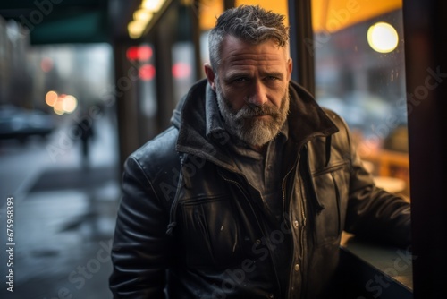 Portrait of a bearded man in a leather jacket on a city street. © Nerea
