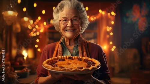 An elderly grandmother clutching a pumpkin pie. Generative Ai.