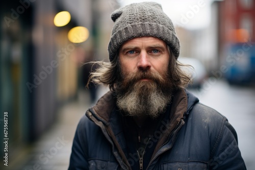 Portrait of a handsome bearded man with long gray beard and mustache in a blue jacket on the street © Nerea