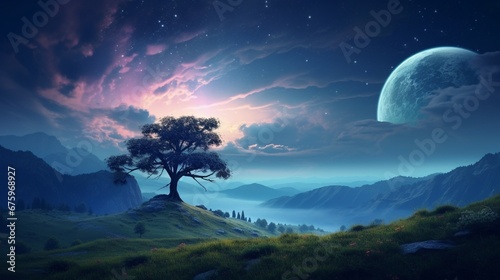 The meeting of day and night in a foggy valley with big tree on a meadow and full moon in a starry sky. Fantastic unreal landscape