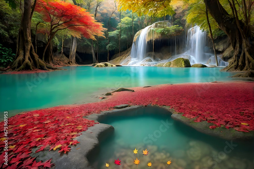 Amazing in nature  beautiful waterfall at colorful autumn forest in fall season 