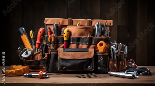 A leather tool belt featuring construction tools displayed on a wooden board, illustrating the concept of maintenance and professional tooling in a workshop setting photo