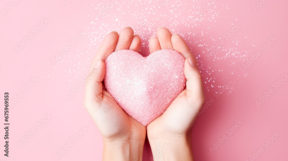 Female hands gently holding the heart. Pink background. Female hands gently holding the heart. Pink background.