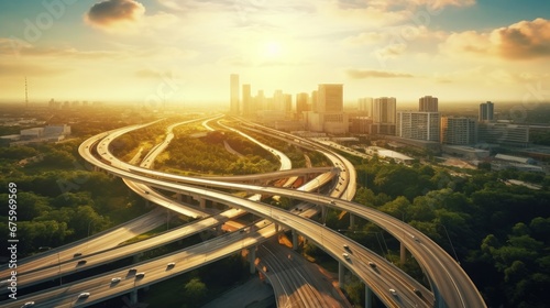 Experience the dynamic symmetry of elevated transportation with this aerial drone footage capturing a sunrise over a busy roadway in Austin, Texas, USA. 