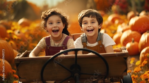 Fall foliage with two children in a wagon through a pumpkin patch. Generative Ai.