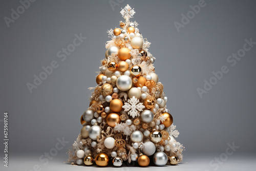 Christmas tree ornaments and pine branch on neutral background photo