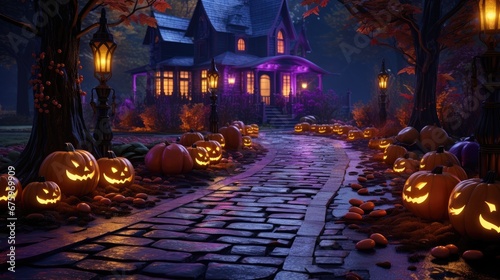 Halloween decorations for the house, including pumpkins and purple string lights.  Generative Ai. photo