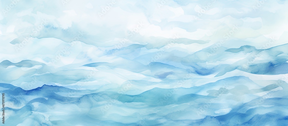 The artist used a combination of the background s serene sky and the sea s peaceful waves to create a watercolor design that featured a beautiful pattern of blue splashes and a texture remin - obrazy, fototapety, plakaty 