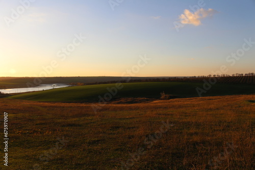 A grassy field with a body of water in the distance