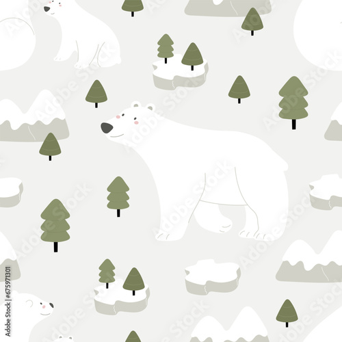 Seamless pattern with Arctic and Antarctic animals, decor elements. Cartoon Character - polar bear. Colorful vector flat for kids. hand drawing. baby design for fabric, print, wrapper, textile