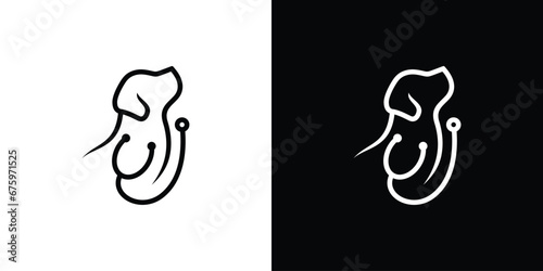 Dog Logo Design. Pet Care Dog Combine and Stethoscope Concept. Outline Lineart Style, Symbol Icon Vector Illustration.