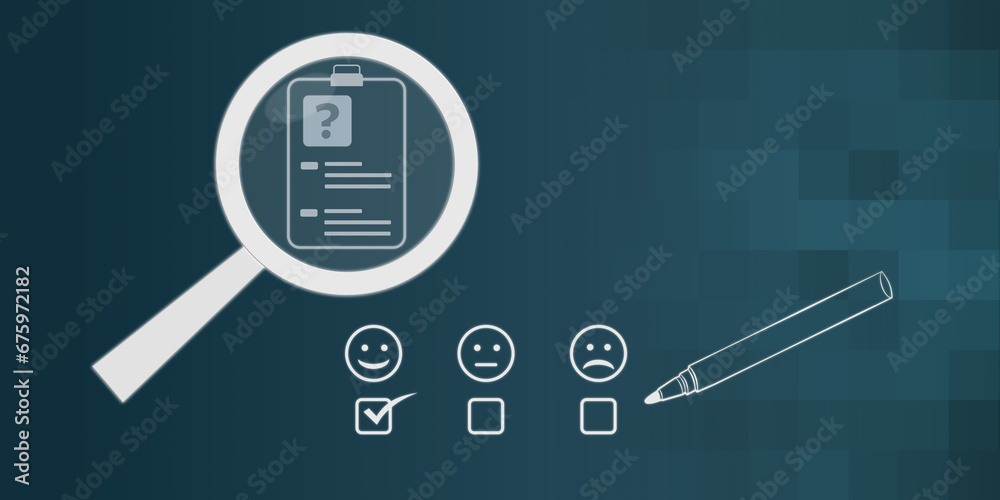 Evaluation und Feedback, Auswertung von Fragebogen, Kundenresonanz, positive, mittel und schlechte Abstimmung, Zufriedenheit und Abstimmung, Meinungen in einer Lupe erfragt, die Smileys ankreuzen Evaluation und Feedback, Auswertung von Fragebogen, Kundenresonanz, positive, mittel und schlechte Abstimmung, Zufriedenheit und Abstimmung, Meinungen in einer Lupe erfragt, die Smileys ankreuzen